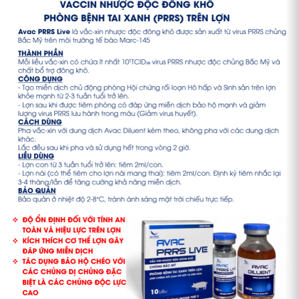 VACCINE NHƯỢC ĐỘC ĐÔNG KHÔ PHÒNG BỆNH TAI XANH (PRRS) TRÊN LỢN