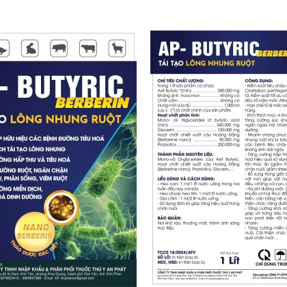 TÁI TẠO LÔNG NHUNG ĐƯỜNG RUỘT AP-BUTYRIC BERBERIN cho gà heo khỏe đường ruột, tăng miễn dịch, tăng năng suất