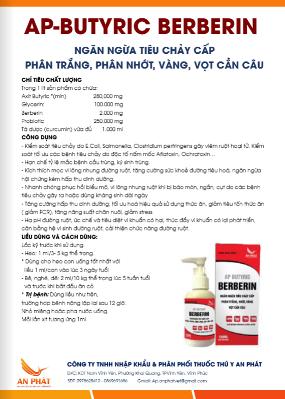 AP BUTYRIC BERBERIN Thuốc berberin cho heo, bò, dêngăn ngừa tiêu chảy cấp, phân trắng