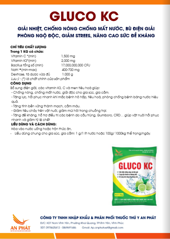 GLUCO KC GIẢI NHIỆT, GIẢI ĐỘC, BÙ ĐIỆN GIẢI cho vật nuôi